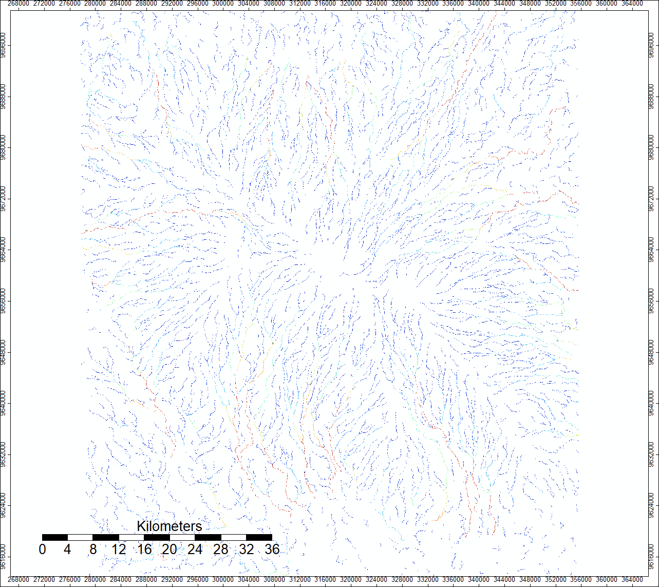 Map of channel network from flow accumulation